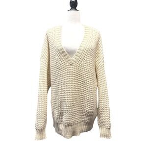 American Eagle Women Cream Waffle Knit Deep V-Neck Oversized Sweater Small 09/23